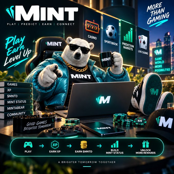 Another MINT promotional graphic with a polar bear mascot in a blue jacket holding an MINT mug and laptop, showcasing casino, sportsbook, prediction markets, and live casino features with "MORE THAN GAMING" tagline.