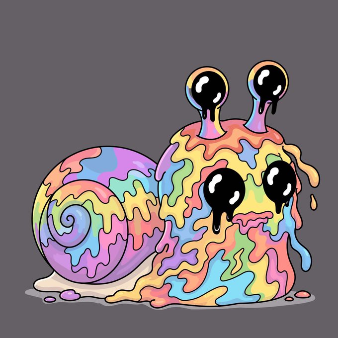 A cartoon snail covered in dripping, rainbow-colored paint with large expressive eyes on stalks is depicted in a vibrant, melting style. The image illustrates the "Snailified" transformation referenced in the caption, showing a colorful, glitchy take on the snail character associated with BR4TED.