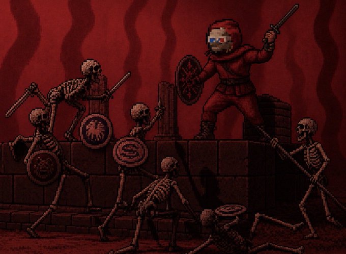 A pixel art scene depicting a red-armored knight wielding a sword and shield while battling a horde of skeletons on a brick wall against a dark red, wavy background.