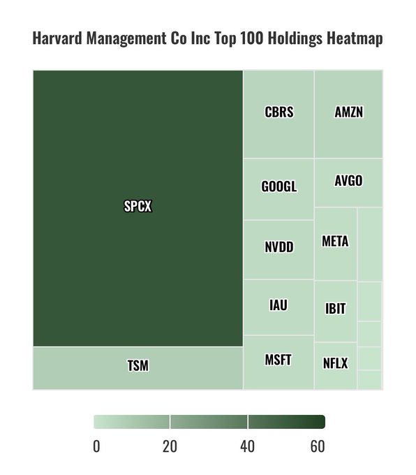 A heatmap titled "Harvard Management Co Inc Top 100 Holdings" shows SPCX as the dominant holding (shaded dark green, indicating a value around 60-65), far exceeding other public holdings including TSM, MSFT, NFLX, IAU, IBIT, NVDD, META, AVGO, GOOGL, CBRS, and AMZN. The visualization illustrates the social media claim that Harvard's previously undisclosed private position in SPCX is now publicly visible and vastly larger than any of their other top public equity holdings.