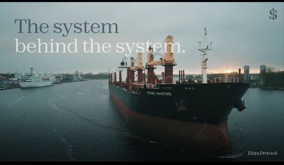 A large cargo ship named 'CHINA MARITIME' navigating through a harbor or canal, with the text 'The system behind the system.' overlaid and 'Ethra Protocol' branding in the corner.