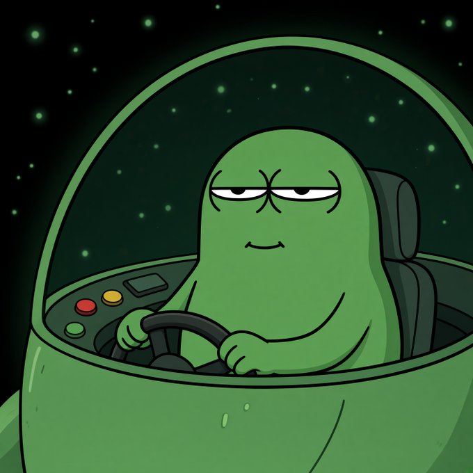 A cartoon illustration of a green alien-like character with a smug expression piloting a spaceship through a starry background.