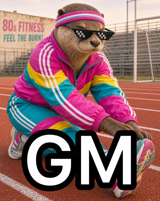 An otter character wearing pixelated sunglasses and a colorful pink, yellow, and teal 80s-style tracksuit stretches on a running track, with '80s FITNESS FEEL THE BURN' on a background sign and large 'GM' text overlaid.