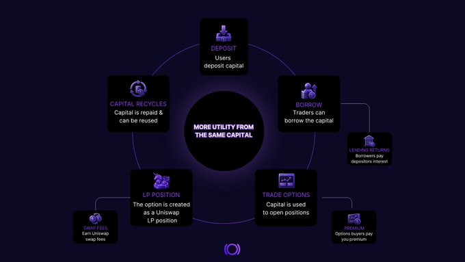 Cycle diagram illustrating 'More Utility From The Same Capital' with stages including Deposit, Borrow, LP Position, Trade Options, and Capital Recycles, showing swap fees and premium options.