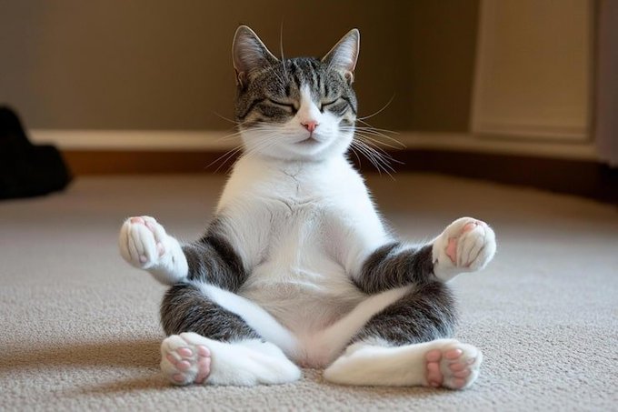 A tabby and white cat sits on a carpet with its eyes closed, appearing to meditate in a lotus-like pose with paws outstretched.