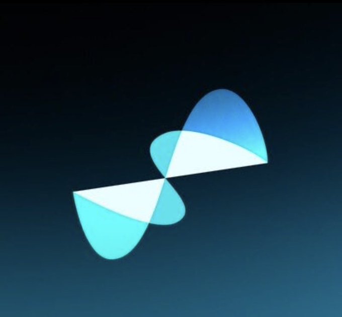 A minimalist blue and teal abstract logo design featuring overlapping curved geometric shapes against a dark gradient background.