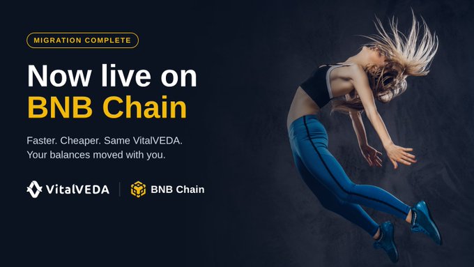 A promotional graphic on a dark background featuring a dancer in blue leggings mid-leap, with text reading 'MIGRATION COMPLETE', 'Now live on BNB Chain', 'Faster. Cheaper. Same VitalVEDA. Your balances moved with you.', and logos for VitalVEDA and BNB Chain.