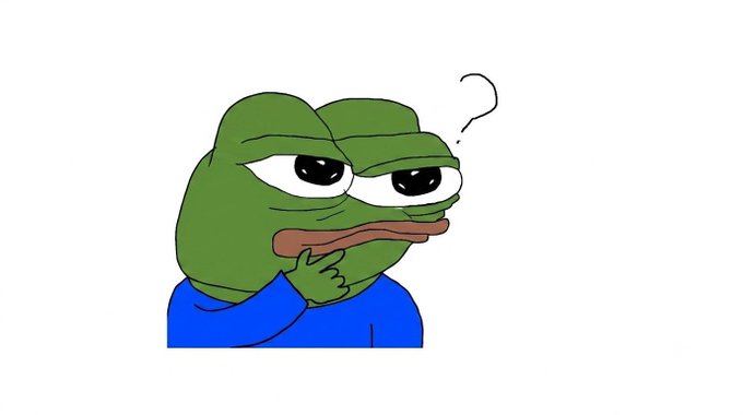 A cartoon illustration of Pepe the Frog in a blue shirt, resting his chin on his hand with a skeptical expression and a question mark above his head.