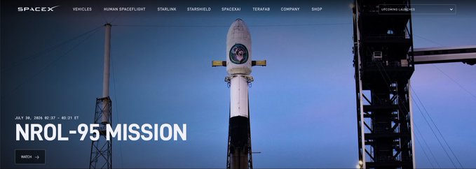 SpaceX website banner showing a rocket on the launchpad for the 'NROL-95 MISSION' scheduled for 'JUL 9 10, 2020, 02:37 - 03:31 ET', with a 'WATCH' button.