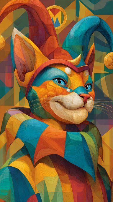 The image features a cat wearing a clown costume, complete with a colorful outfit and a red hat adorned with a yellow feather. The cat appears to be smiling, adding a playful element to its appearance. The background of the image is a vibrant mix of colors, including shades of orange, blue, green, and purple. This colorful backdrop complements the whimsical nature of the clown cat's attire. The caption accompanying the image reads: "Meme → Meta → Movement → Empire Step 1: They laugh Step 2: They FOMO Step 3: CCAT runs".
