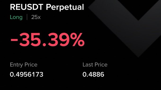 This image shows a REUSDT Perpetual long position with a 25x leverage currently down -35.39%, with an entry price of 0.4956173 and a last price of 0.4886, illustrating a trading loss.