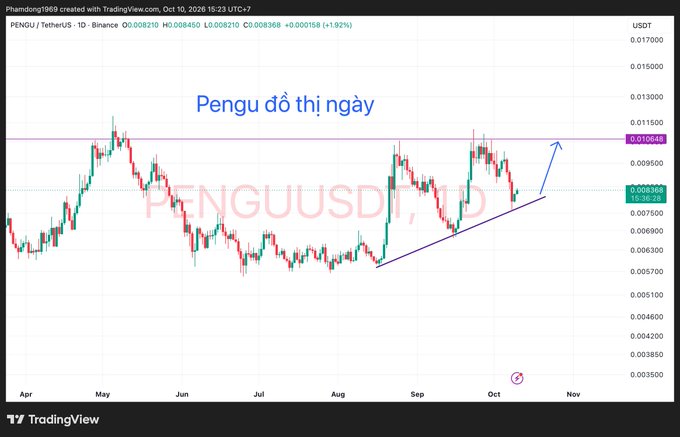 A TradingView daily candlestick chart for the PENGU / TetherUS (USDT) cryptocurrency pair, showing a chart titled 'Pengu đồ thị ngày' with a drawn ascending trendline and resistance level around 0.010648.