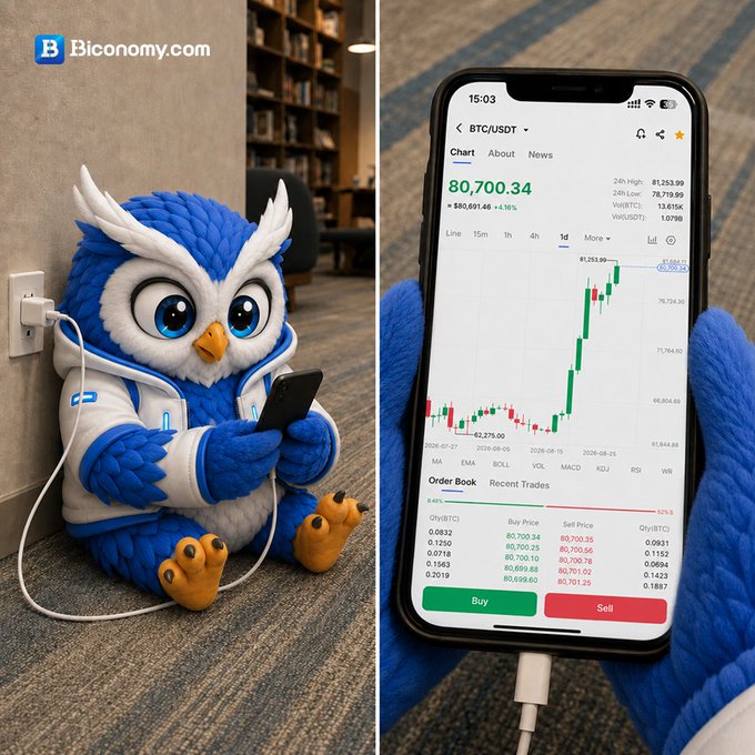 A split image from Biconomy.com showing a blue owl mascot in astronaut-like attire charging via cable on the left, and a close-up of gloved hands holding a phone displaying a BTC/USDT chart showing $80,700.34 on the right.