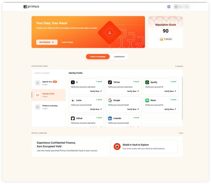 Screenshot of the 'primus' web3 reputation dashboard showing an 'Identity Profile' section containing verification tasks for various platforms like X, TikTok, Spotify, Luma, Google, Naver, Github, and LinkedIn.
