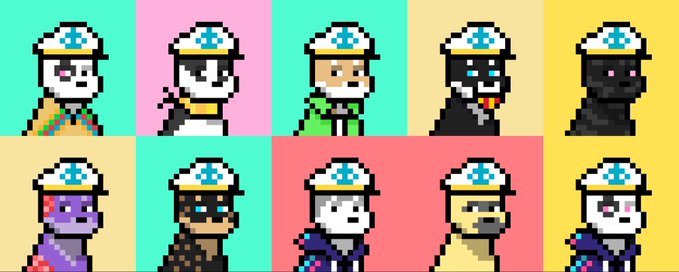 A 2x5 grid of pixel art character portraits showing 10 variations of dog/animal characters wearing captain's hats against different colored backgrounds.