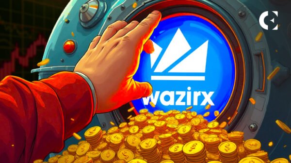 An illustrated hand reaching toward a glowing WazirX vault logo surrounded by piles of gold coins, suggesting a crypto exchange or recovery theme.
