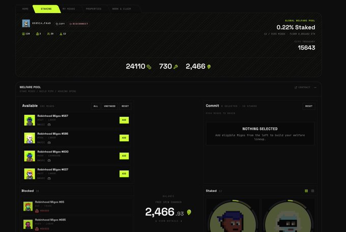 Crypto/NFT staking dashboard with a global staked rate of 0.22% Staked, displaying wallet pool stats including 24,110, 730, and 2,466 tokens. The interface shows Available Robihnoud Miggs NFTs (0587, 0586, 0600, 0537) for staking and a 'NOTHING SELECTED' commit section.