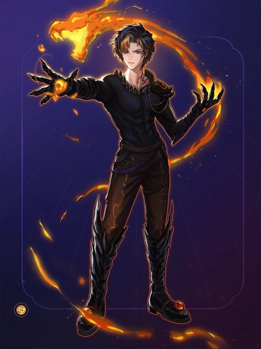 Anime-style character art of a young man in dark clothing wielding orange flame magic, with a flaming dragon silhouette hovering behind him on a dark purple background.