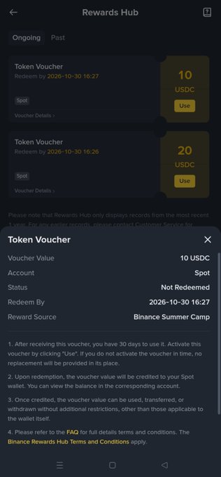 A screenshot of a mobile app's 'Rewards Hub' showing two unclaimed Token Vouchers worth 10 and 20 USDC from the 'Binance Summer Camp,' redeemable to a Spot account by 2026-10-30.