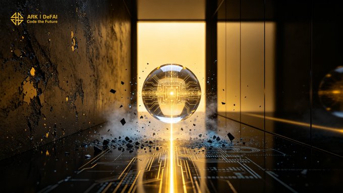 A glowing golden sphere with intricate circuitry hovers amid debris and light beams in a dark, futuristic corridor, with "ARK | DeFAI — Code the Future" displayed in the top-left corner. The image visually represents the concept of a powerful technological core—matching the post's theme of Arkie AI App serving as the central, signal-generating hub that transforms AI intelligence into real-world action for ARK users.