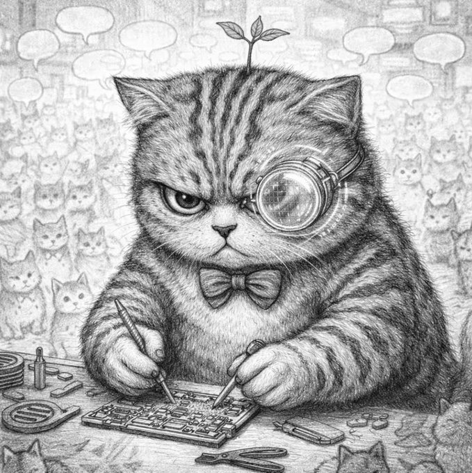 A pencil-style illustration of a stern tabby kitten wearing a monocle, bow tie, and a small sprouting leaf on its head, soldering/working on a circuit board at a desk while a crowd of cats watches from the background.
