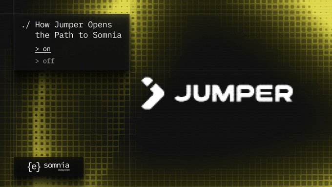 The image features a banner with the word "jumper" written in white letters, accompanied by a link titled "How jumper opens the path to somnia 2/on". The phrase "Getting assets onto a new chain usually means juggling bridges, hunting for rates, and hoping you picked the right route." is also present. The image seems to be from an application called @jumperapp or something similar, as it contains information about the name of an app related to jumping games.