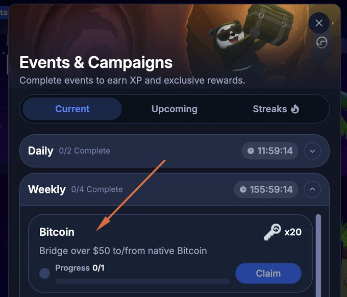 A 'Events & Campaigns' screen showing Daily and Weekly tasks, with an orange arrow pointing to the 'Bitcoin' weekly mission requiring bridging over $50 to/from native Bitcoin for a x20 key reward.