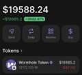 A screenshot from paybox.sh shows a balance of $19588.24 USDC, with the Wormhole Token ticker WB displaying at $18885.20 (-4.00%) in the Tokens section, illustrating the AI user rewards being claimed through the Paybox platform.