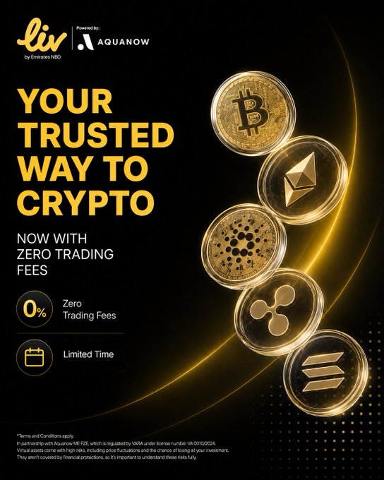 An advertisement for Liv by Emirates NBD, powered by AquaNow, promoting cryptocurrency trading with zero trading fees, featuring gold Bitcoin, Ethereum, Cardano, Ripple, and Solana coins.