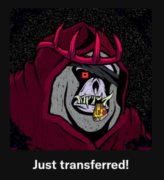 A cartoon red-hooded character with a grotesque face appears above the text 'Just transferred!'.