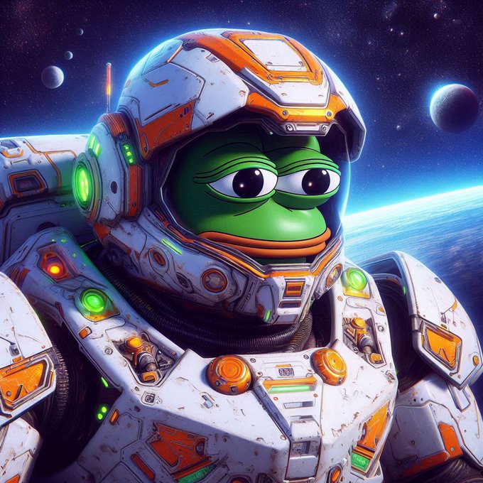 A digital illustration depicts a Pepe the Frog character wearing a futuristic white and orange astronaut/spacesuit helmet, set against a space background with planets and stars.