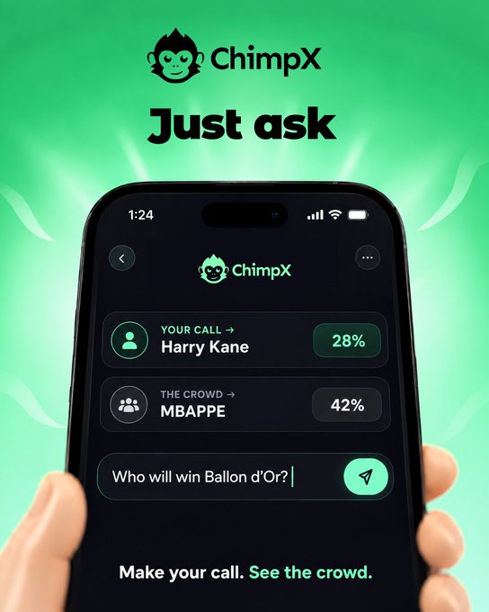 The image is a promotional graphic for ChimpX featuring a smartphone displaying the app's prediction interface, with "Just ask" as the headline. The screen shows a live prediction about the Ballon d'Or winner, displaying "YOUR CALL → Harry Kane 28%" versus "THE CROWD → MBAPPE 42%", with a text field asking "Who will win Ballon d'Or?"—visually demonstrating how users can interact with prediction markets through simple prompts as mentioned in the post.