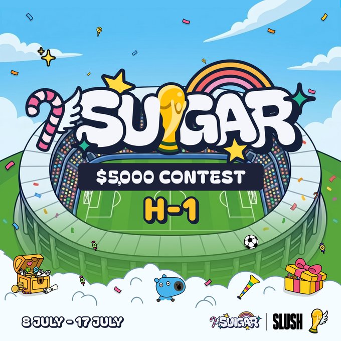 A vibrant cartoon-style promotional graphic announces the "SUGAR $5,000 CONTEST H-1" with "3 JULY - 17 JULY" displayed at the bottom, featuring a soccer stadium, rainbow, candy cane, and gift box, alongside the 7SUGAR and SLUSH logos—visually teasing the final hour countdown before the World Cup Arena event kicks off for Slush Wallet users.