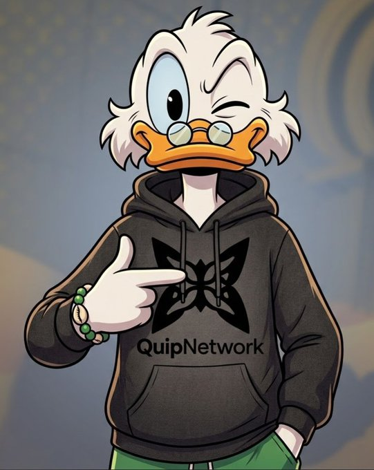 A digital illustration of an anthropomorphic duck character with white hair, glasses, and a black hoodie featuring a butterfly logo and the text 'QuipNetwork,' pointing toward the logo.