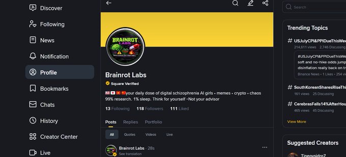 A social media profile page for 'Brainrot Labs' on what appears to be a crypto-focused platform, showing a bio reading 'Your daily dose of digital schizophrenia + memes + crypto + chaos' and trending topics like #USJulyCPI and #SouthKoreanShares.