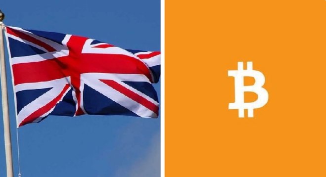 The image is a split graphic with the Union Jack flag of the United Kingdom waving on the left and the Bitcoin "₿" logo in white on an orange background on the right, symbolizing the UK's move to expand retail investor access to Bitcoin ETFs as announced by the FCA.