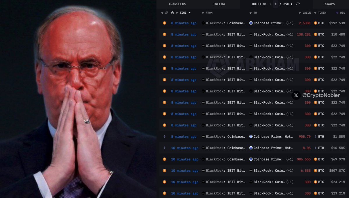 In this image, a man wearing glasses appears to be grumbling as he looks down at his hands with folded fingers. He is positioned next to a computer monitor displaying a table filled with data about Bitcoin prices. The text above the image reads "This Is Crazy BlackRock Just Dumped $350,000,000.00 $BTC In 5 MINUTES! THEY'RE NONSTOP LIQUIDATINGBITCOIN AHEAD OF TRUMP'S EMERGENCY ANNOUNCEMENT TODAY." The man's facial expression and hand gestures seem to indicate that he is unhappy about the current situation involving Bitcoin prices.