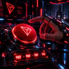 A cyberpunk-style image showing a hand pressing a glowing red 'PAY' button with geometric triangle designs and futuristic red lighting.