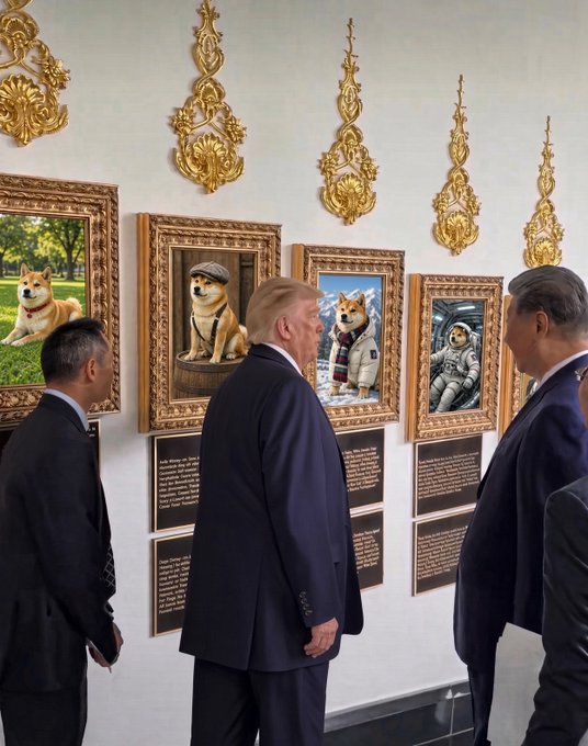 An AI-generated image showing men in suits looking at framed portraits of Shiba Inu dogs dressed in various costumes, displayed on a wall with golden ornate decorations.