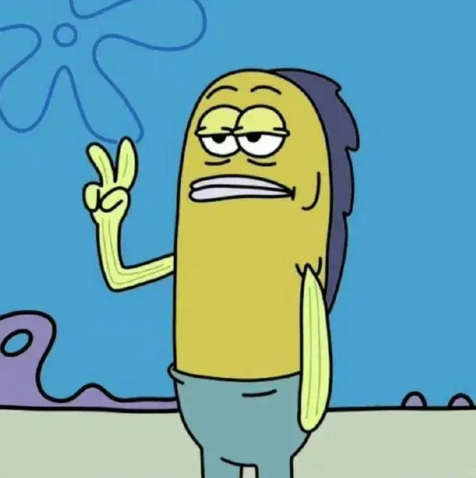 An illustration of a yellow fish-like cartoon character with half-closed eyes making a peace sign gesture, resembling a SpongeBob-style character.