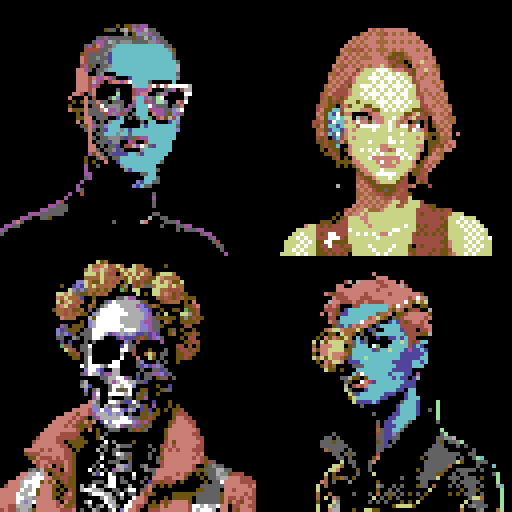Four pixel-art style character portraits on a black background, showing a bald man with sunglasses, a red-haired woman, a curly-haired woman, and a figure with glasses and a nose ring.