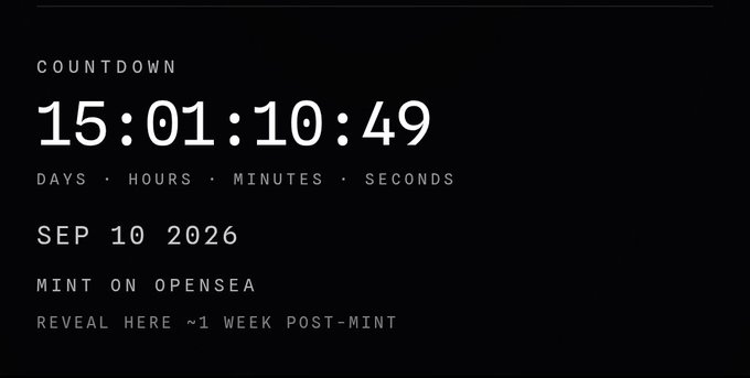 A countdown timer displaying '15:01:10:49' (days, hours, minutes, seconds) for an event on SEP 10 2026, with text indicating 'MINT ON OPENSEA' and 'REVEAL HERE ~1 WEEK POST-MINT'.