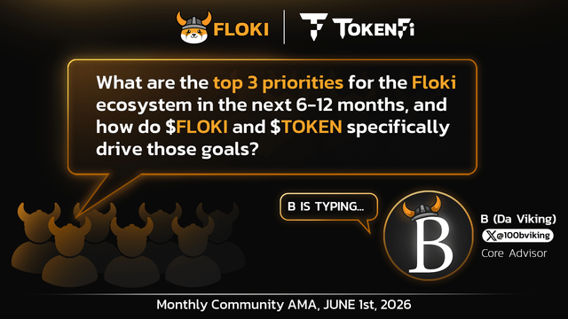 The image shows a group of people with horns standing against a black background. The text "What are the top 3 priorities for the Floki/TokenFi ecosystem in the next 6-12 months, and how do SFLOKI and TAKEN specifically drive those goals?" is displayed on the image.