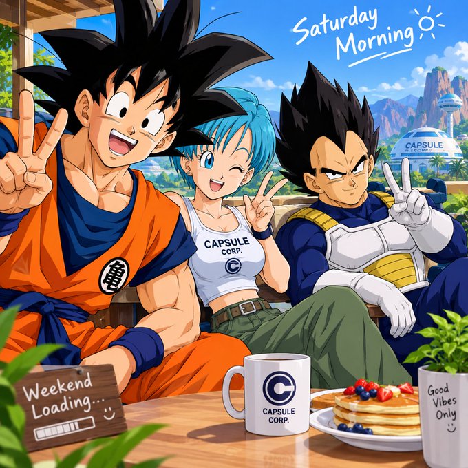 An anime-style illustration of Dragon Ball characters (Goku, Bulma, and Vegeta) posing peace signs with 'Saturday Morning' text and Capsule Corp. merchandise.