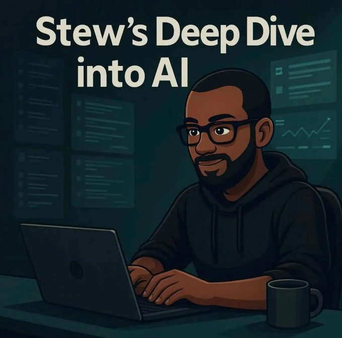 An illustrated thumbnail for a show titled "Stew's Deep Dive into AI" featuring a cartoon man with glasses and a beard working on a laptop in a dark room with code on screens.