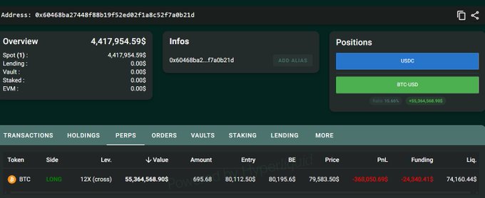 A cryptocurrency portfolio dashboard for address '0x60468ba27448f88b19f52ed02f1a8c52f7a0b21d' showing a long position on BTC-USD with a -24,340.41 funding fee and -368,050.59 PnL.