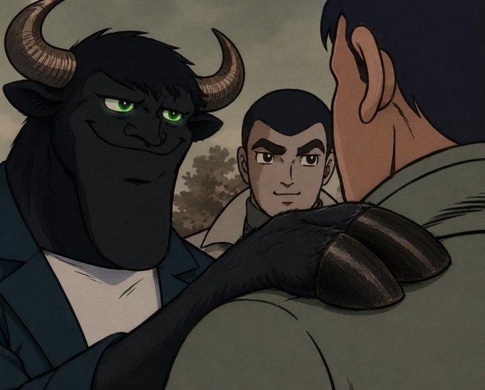 An animated scene showing a dark minotaur-like character with horns and green eyes smiling at another character, with a third person visible in the background.