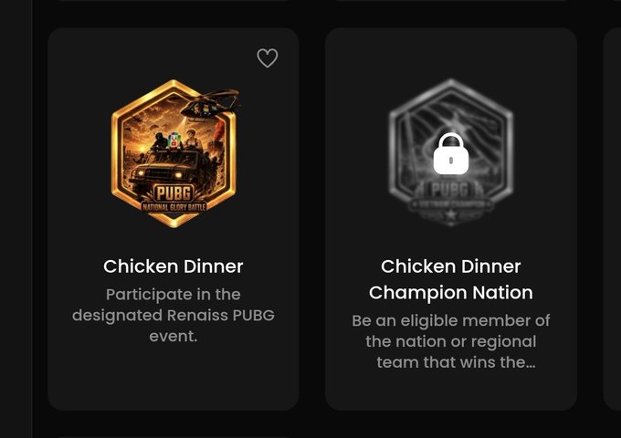 Two PUBG-themed achievement badges titled "Chicken Dinner" and "Chicken Dinner Champion Nation" are displayed on a dark background, with the first badge unlocked (showing a jeep and helicopter scene) and the second locked (marked with a padlock icon). These PUBG-related rewards appear to be the prizes referenced in the Renaiss × YZiLabs Amplify S1 campaign, where participants can earn themed rewards for their content contributions.