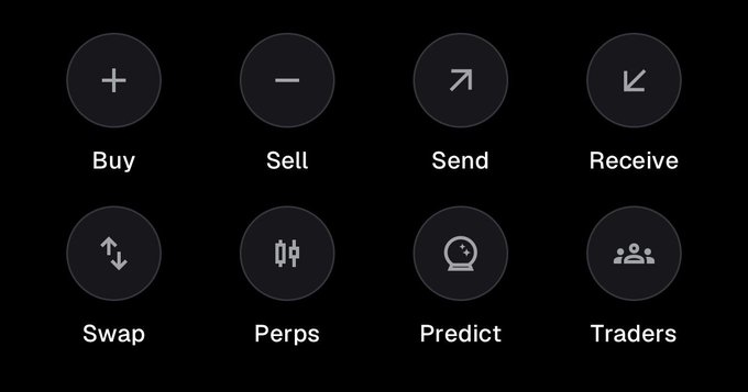 A screenshot of a dark-themed app interface showing eight circular action buttons labeled Buy, Sell, Send, Receive, Swap, Perps, Predict, and Traders.