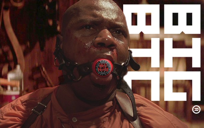 A still from the film 'Nope' showing a character wearing a metallic mouthpiece device with blood on his face, accompanied by the large white block-letter title text 'NOPE' on the right side.